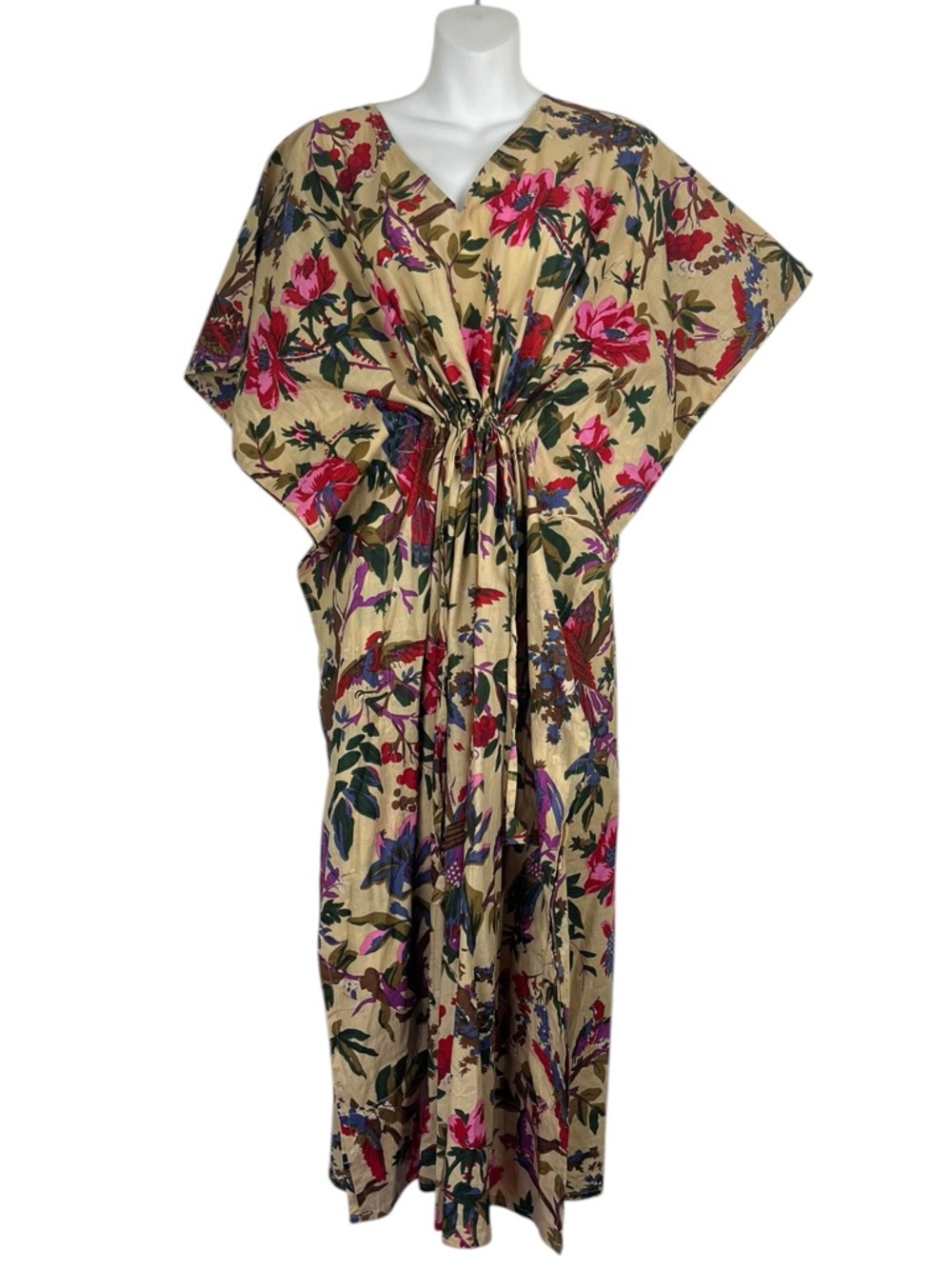 Indacorify Boho Floral Kaftan Maxi Dress Kimono with Drawstring Waist OSFM
